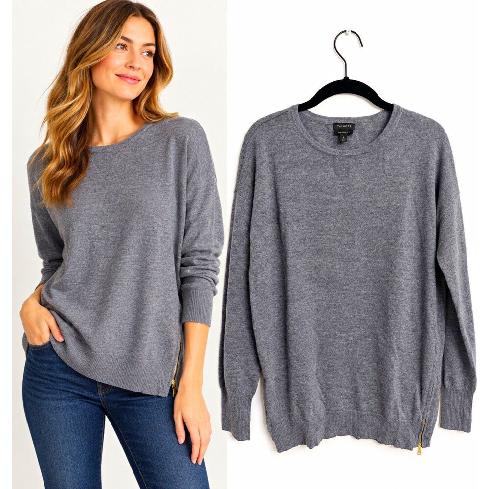 Talbots Women’s Large 100% Pure Merino Wool Gray Crewneck Sweater Gold Side Zip